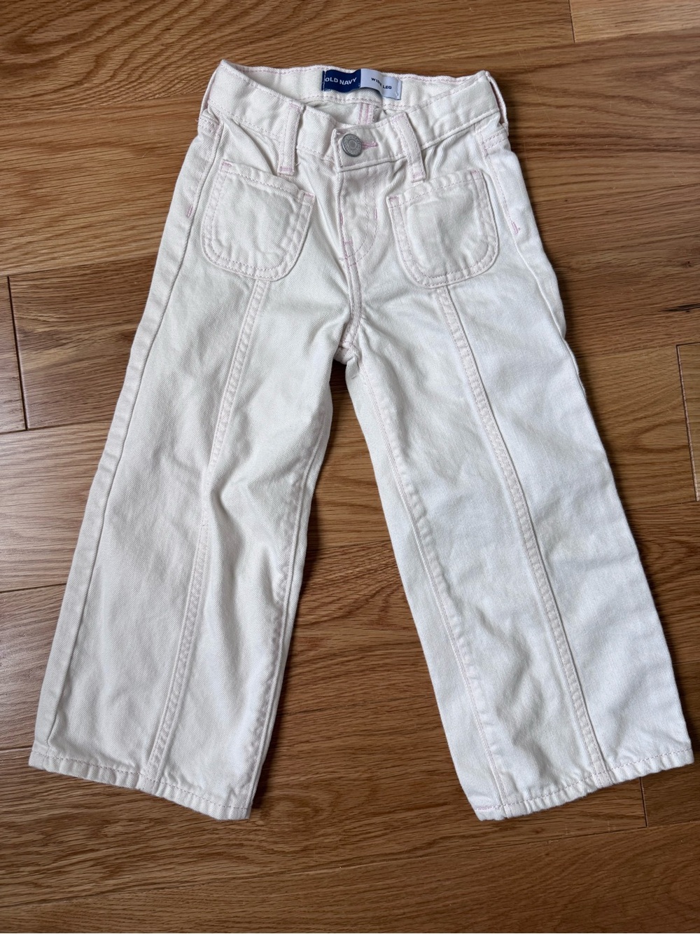 Old Navy Cream Wide-Leg Kids Jeans with Front Patch Pockets and Pink Stitching